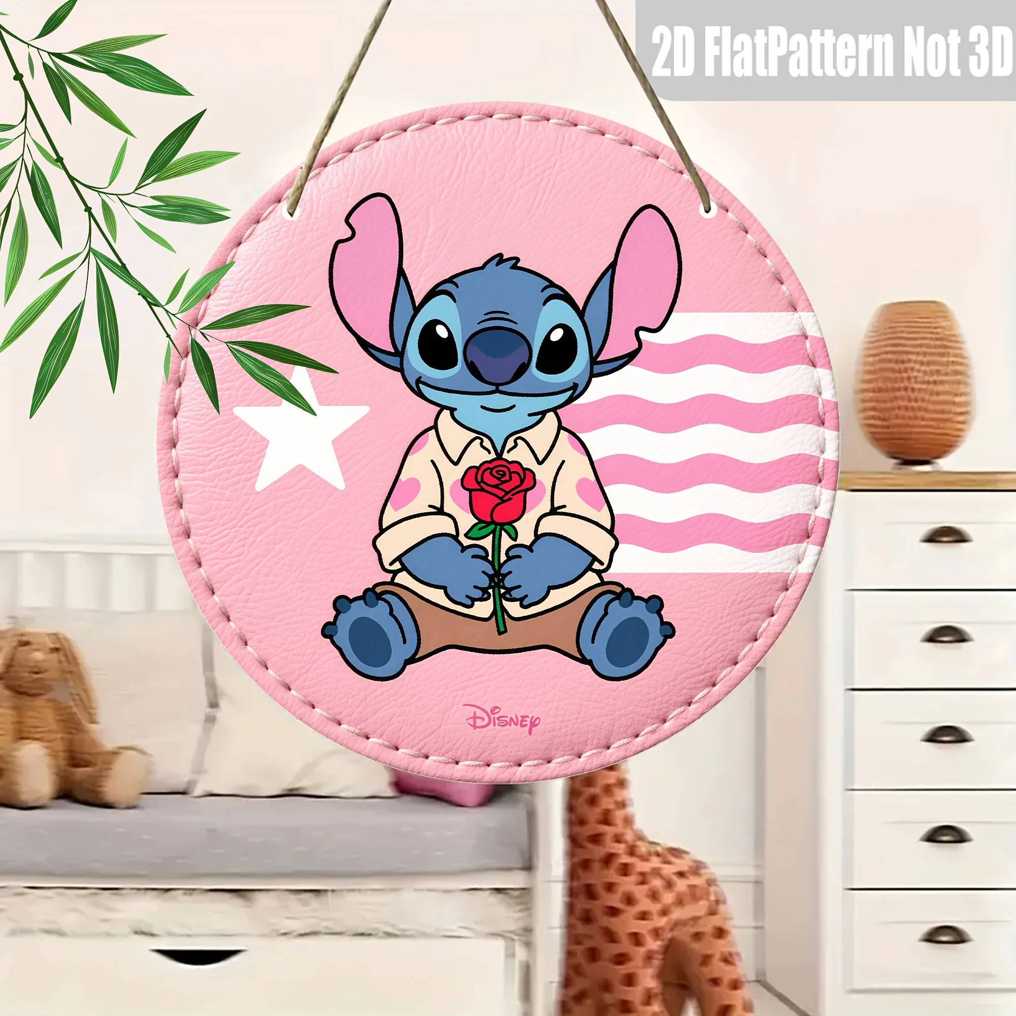 مسطح ثنائي الأبعاد، قطعة واحدة، لافتة خشبية مستديرة على شكل غرزة ديزني، فن جداري ثنائي الأبعاد للمنزل والمكتب وغرفة المعيشة - ديكور متعدد الوظائف (بدون قوة