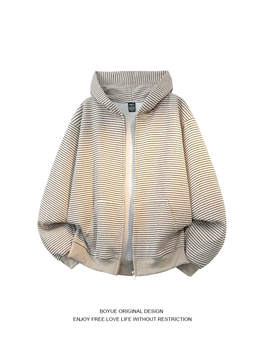 

Мужская толстовка Boyue в японском стиле, в полоску, повседневная, ретро, свободного кроя, молодежная, спортивная, удлиненная, на молнии, уличная...