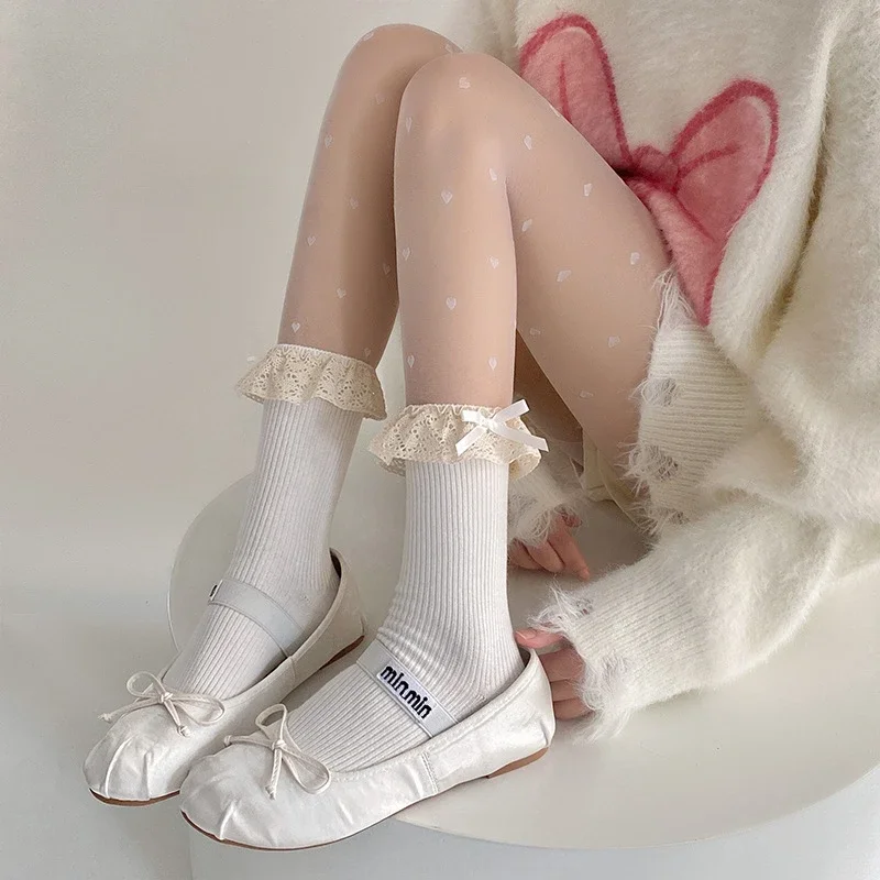 Ballet Style Solid Color Black White Gray Middle Tube Socks Cute Bow Sweet Girls Lolita Kawaii Lace Ruffle Socks Women Socks