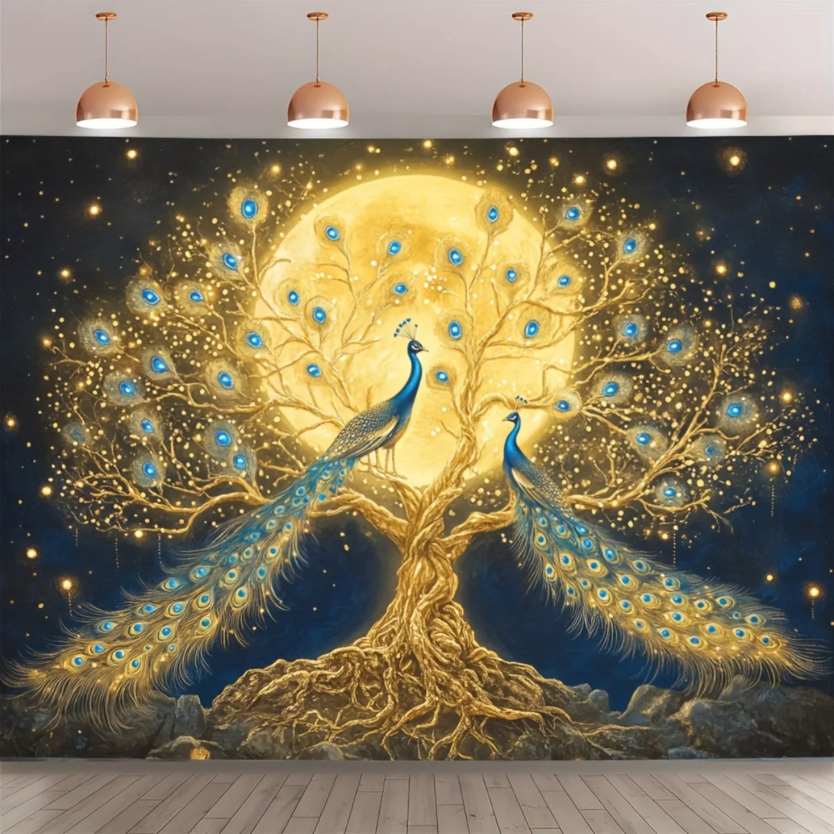 Golden Peacock Tree Tapestry Moonlight Fantasy Art Wall Hanging Mystical Home Decor Free Hooks Included Elevate Your Space