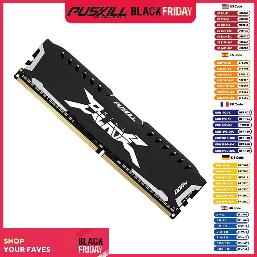 PUSKILL DDR4 Desktop Memoria RAM 16GB 8GB 1.2V 3200MHz 288-Pin Computer UDIMM Cooling Vest Memory