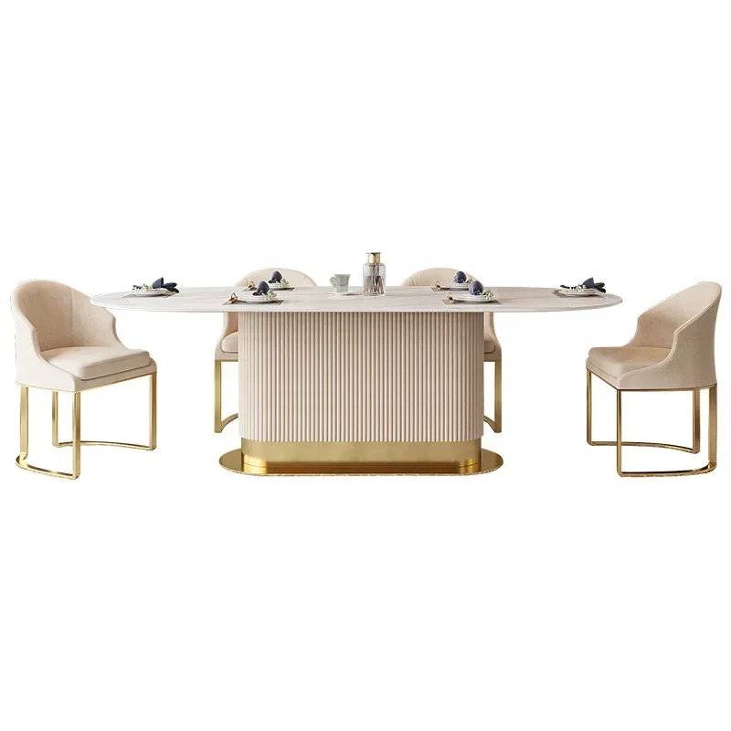 New 2024 Luxury Modern Simple Glossy Rock Plate Dining Table And Chairs Set Oval Household Small French Cream Wind Dining Table