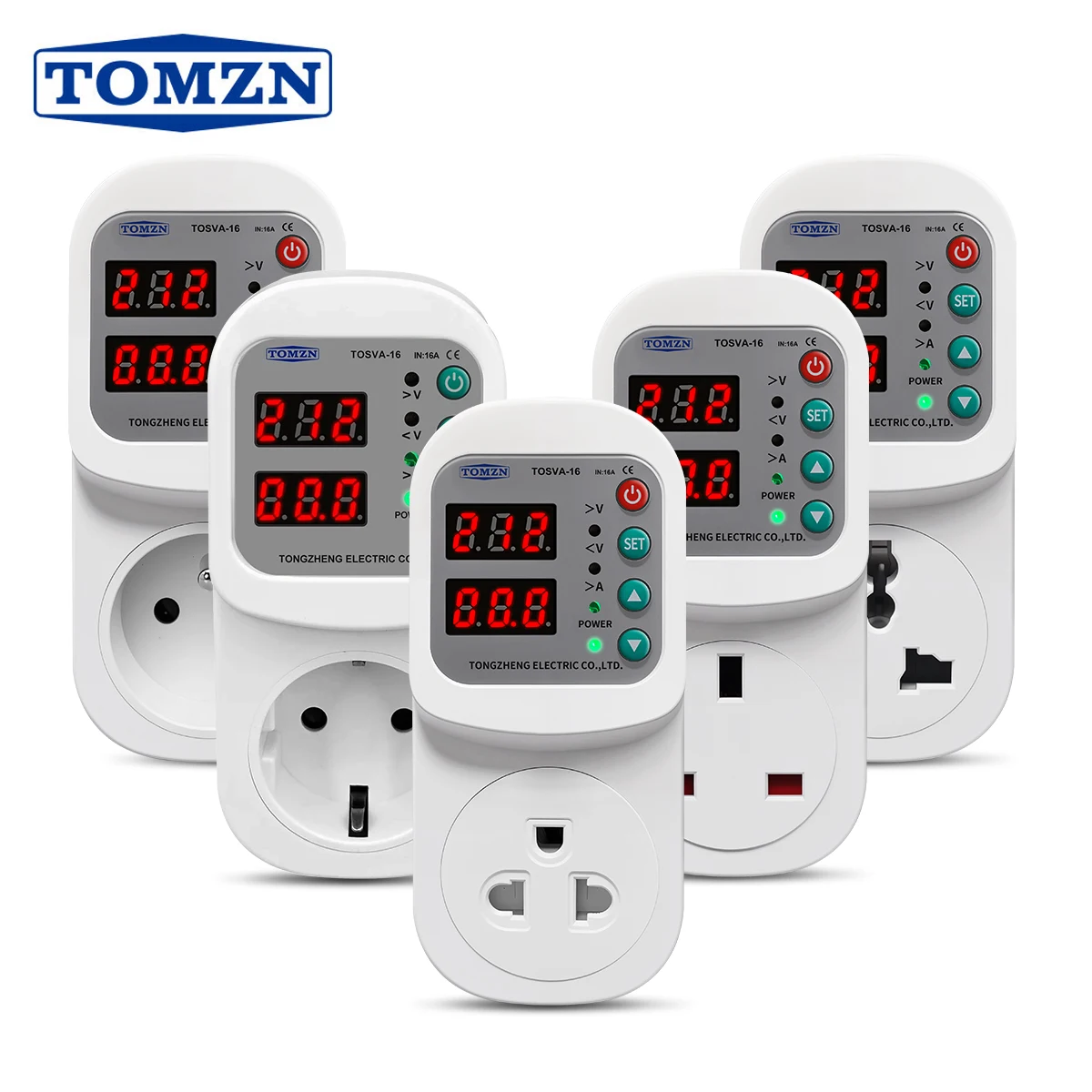TOMZN Auto Voltage Current Protector Socket AC110V 220V Adjustable 1-16A Power Surge Protector Universal UK EU FR US Plug Socket