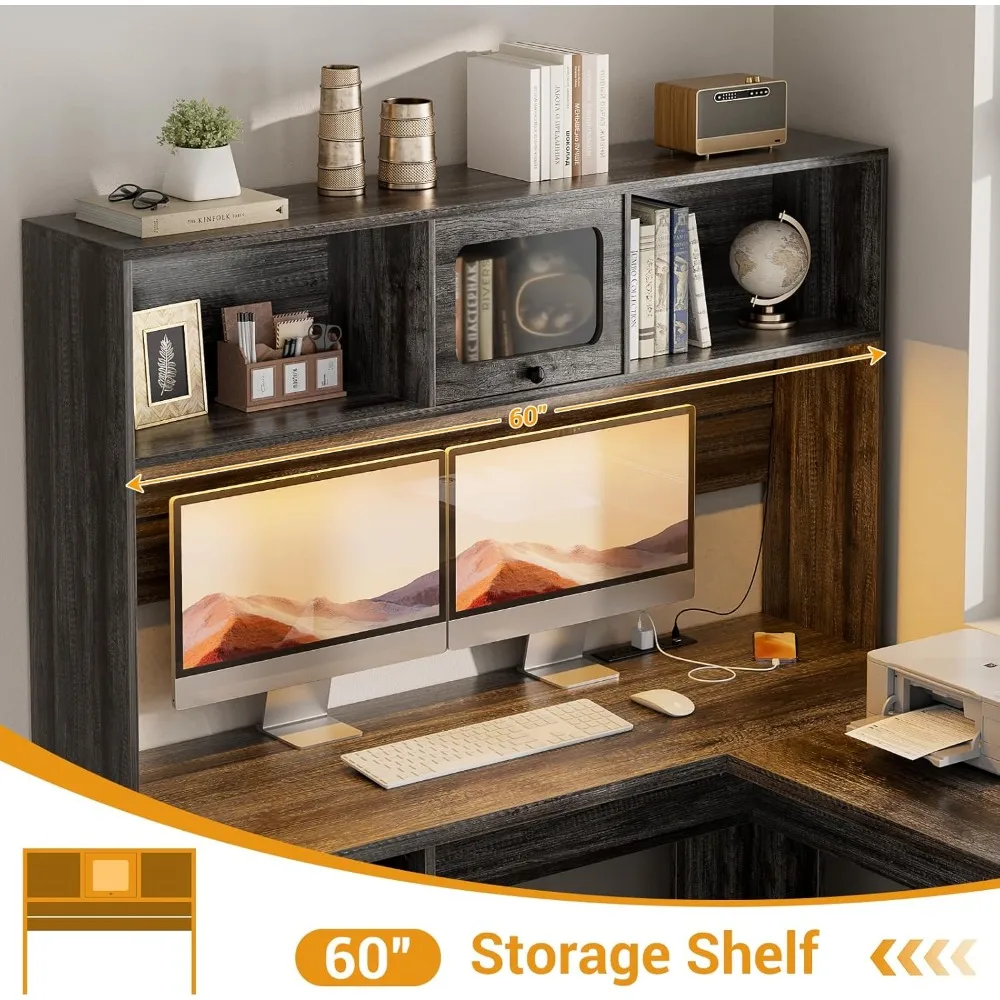 L-Shaped Desk with Power Outlet and LED Lighting, Corner Office Desk with File Cabinet Drawer