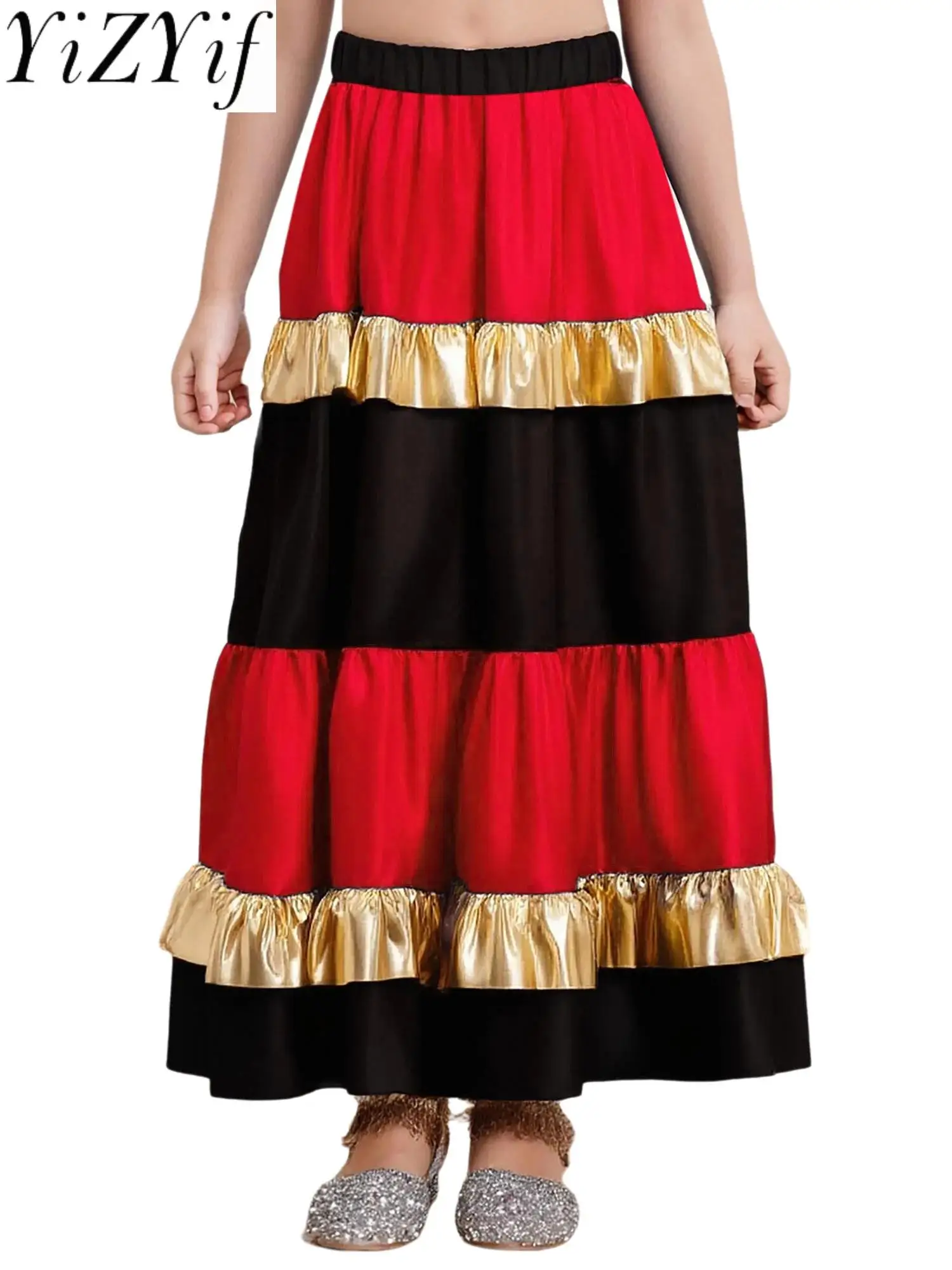 Kids Girls Waltz Flamenco Dance Performance Maxi Skirt Tiered Ruffled Satiny with Metallic Big Swing Skirt for Spanish Dancewear
