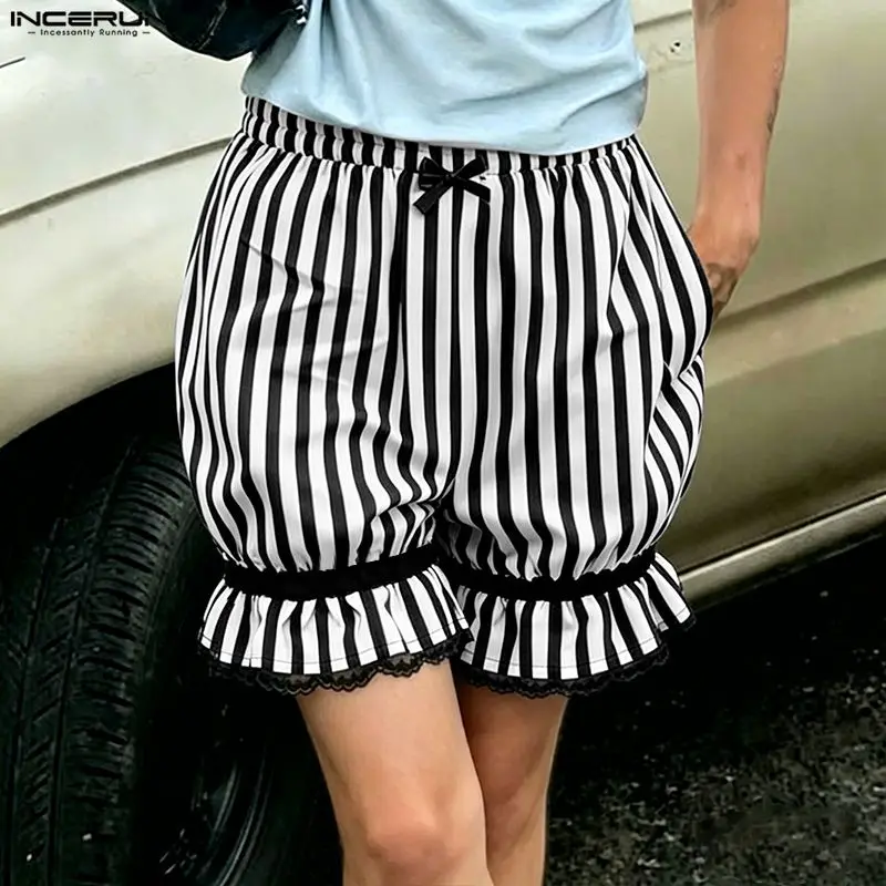 INCERUN Herren-Shorts mit Spitzen-Patchwork, gestreift, elastische Taille, Herren-Unterteile, Streetwear, Sommer 2026, modische, lässige Unisex-Shorts, S-5XL