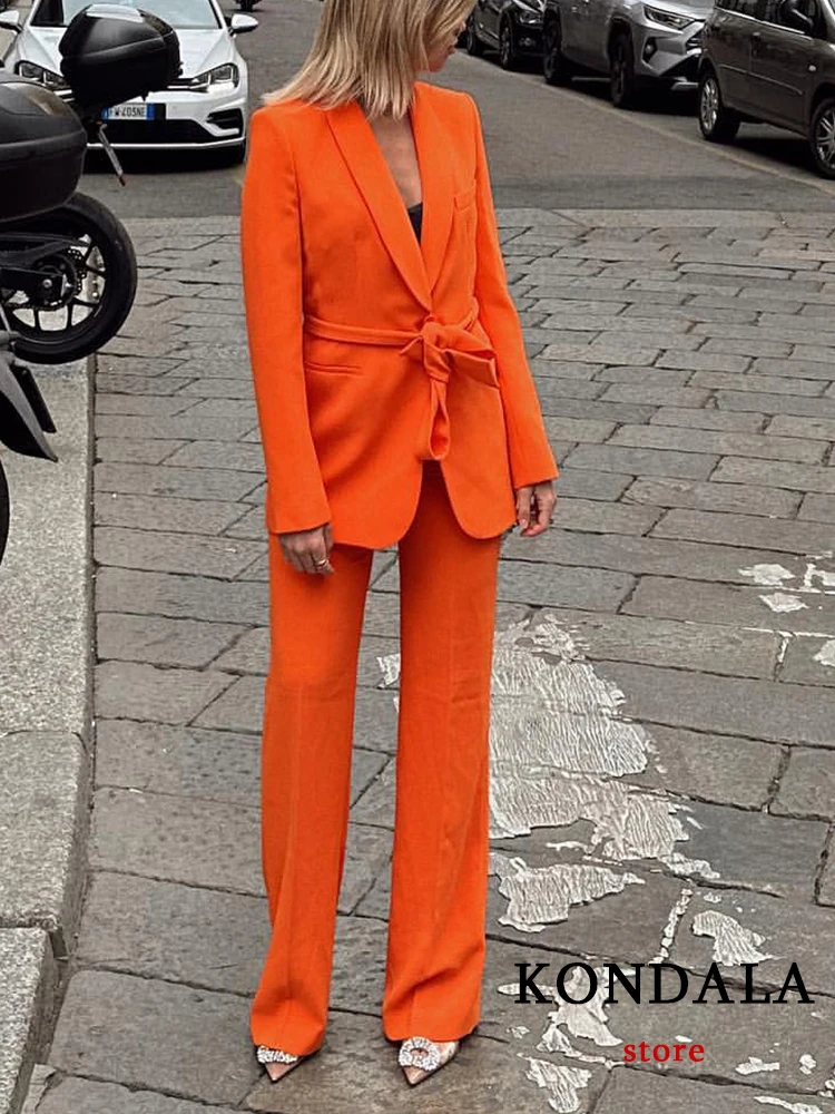 KONDALA Vintage Solid Orange Office Lady Fashion 2023 Spring Women Suits Slim Belt Women Elegant Blazer Zip Wide Leg Long Pants