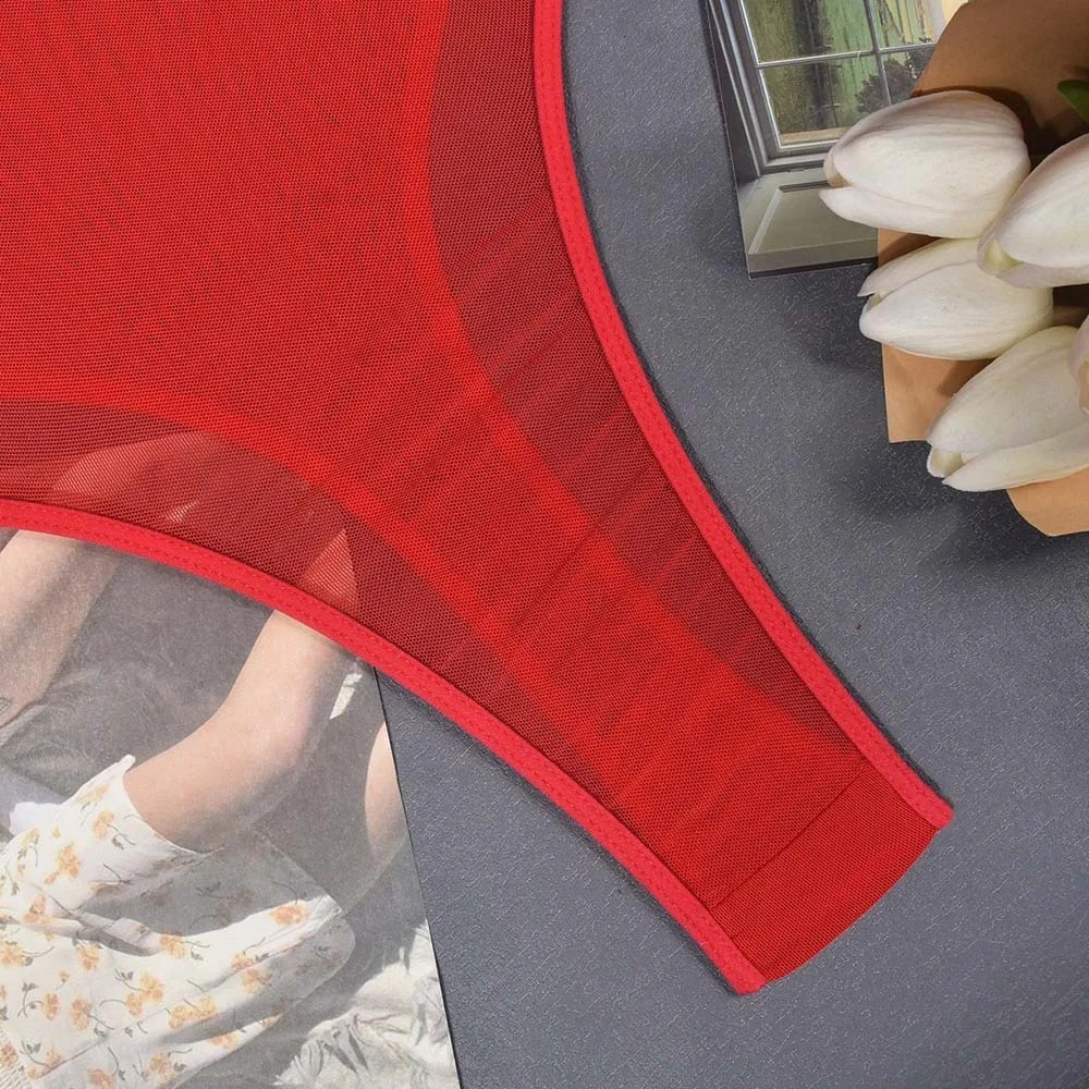 

Sexy Mesh Hollow Mesh Bodysuit Spicy Girl Style Solid Color Mesh Sheer Jumpsuit Transparent Pajamas Women Lingerie Women