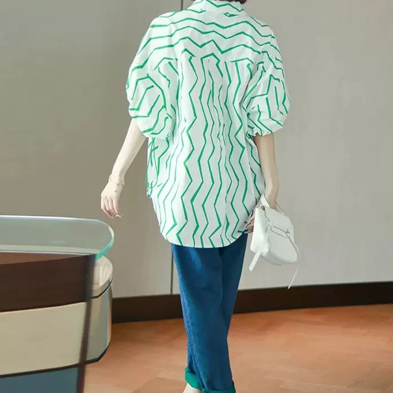 Summer Woman Clothes Loose Youth Lively Fashion Thin Green Drawstring Striped Office Lady Simplicity Lantern Sleeve Shirt Trend