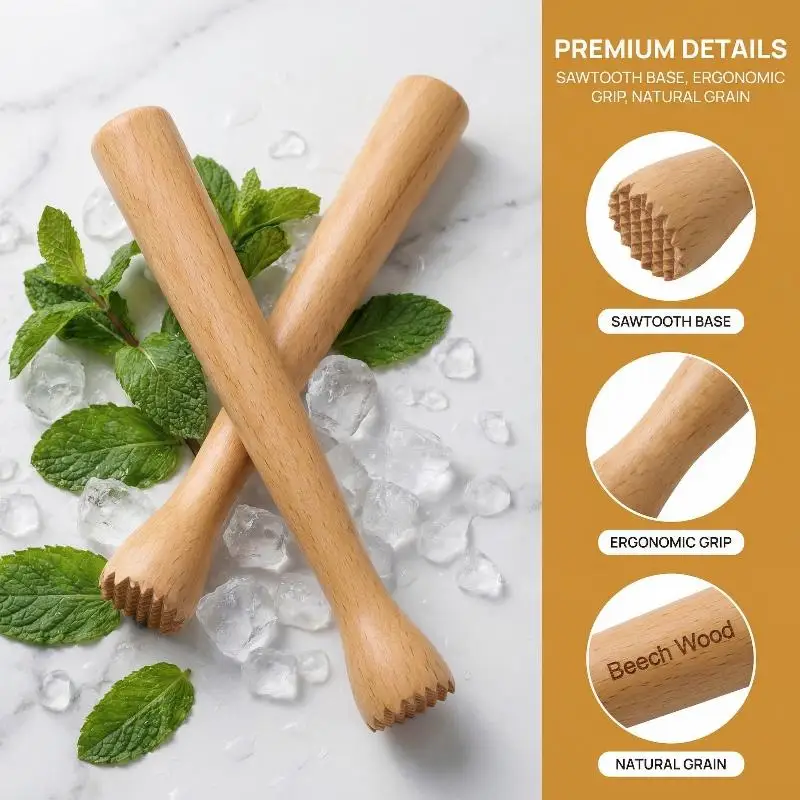 texturePremium Wood Cocktail Muddler Smooth Finish Ice Crusher Masher Non Slip Handle for Bartending Home Parties