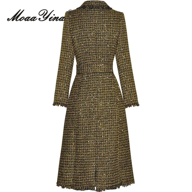 MoaaYina Autumn and Winter Women's Coat Long Sleeve Notched Double-Breasted Lace-Up Slim New Style Designer Green Overcoat