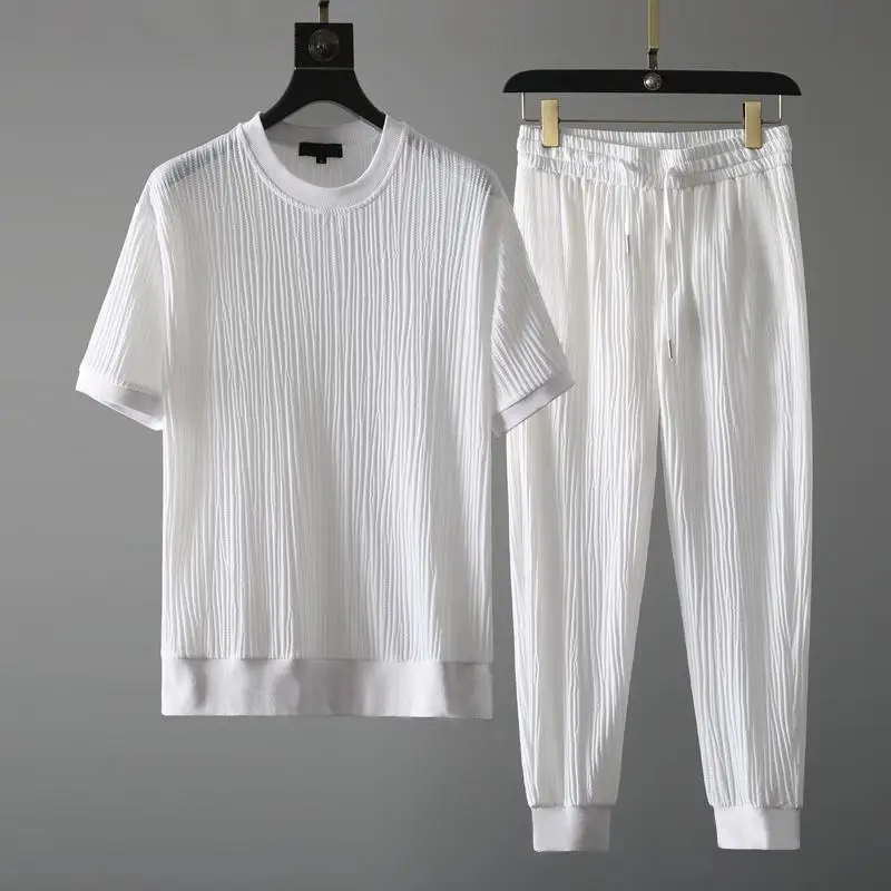 Summer Casual Suit Men's 2022 New Round Neck Elastic Breathable Pleated Short-sleeved Nine-point Pants Thin One Set