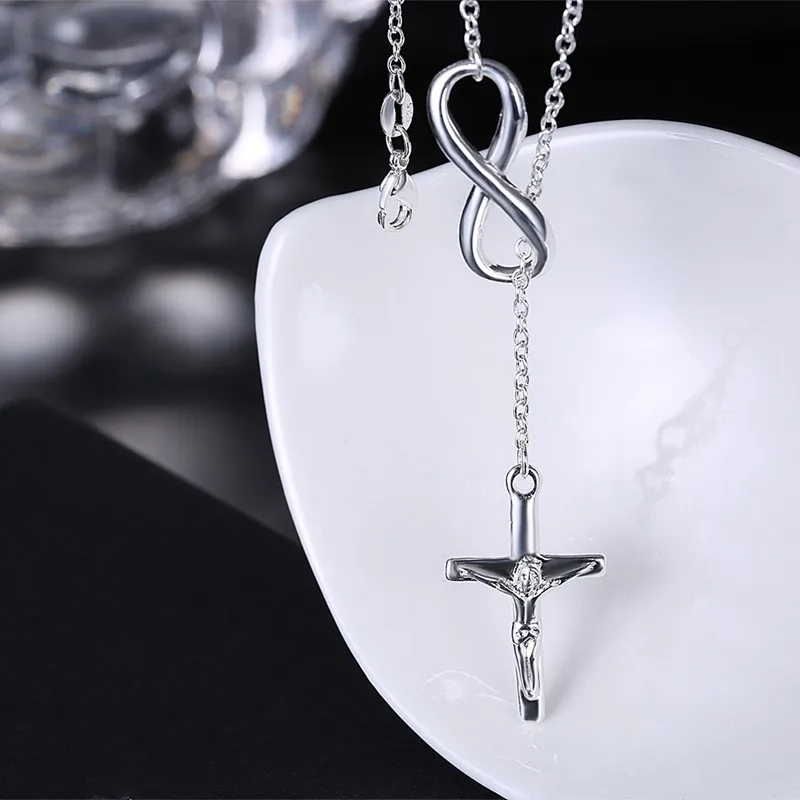 New Stylish 925 Silver Needle Cross Pendant Infinity Symbol Long Link Chain Fashion Necklace Pendant Women Popular Jewelry