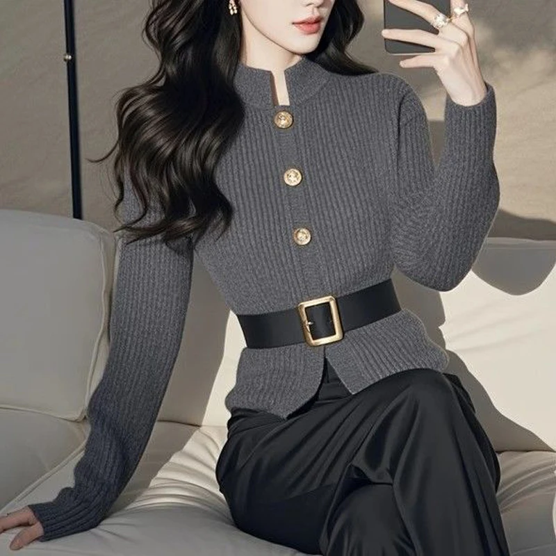 Women Stylish Retro Luxury Chic Stand Collar with Button Knitted Sweater Office Lady Elegant Gray Long Sleeve Slim Pullover Tops