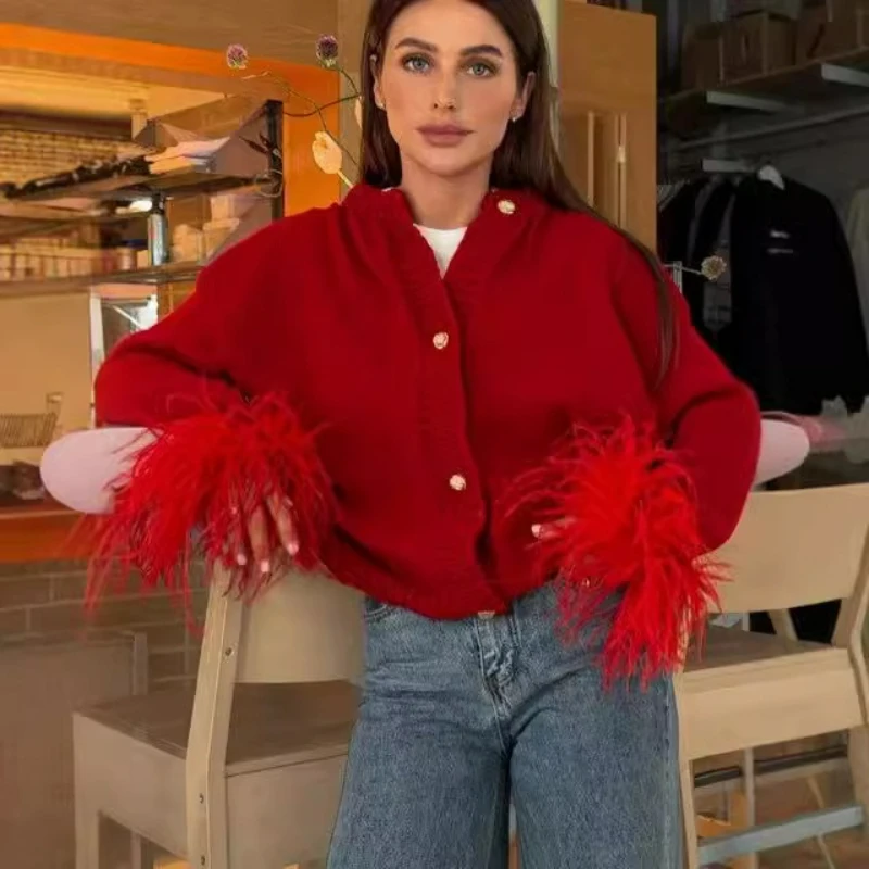 2026 Autumn Winter New Fashion Temperament Elegant Style Cross-border Women's Clothing Red Feather Design Knitted Cardigan Coat 2