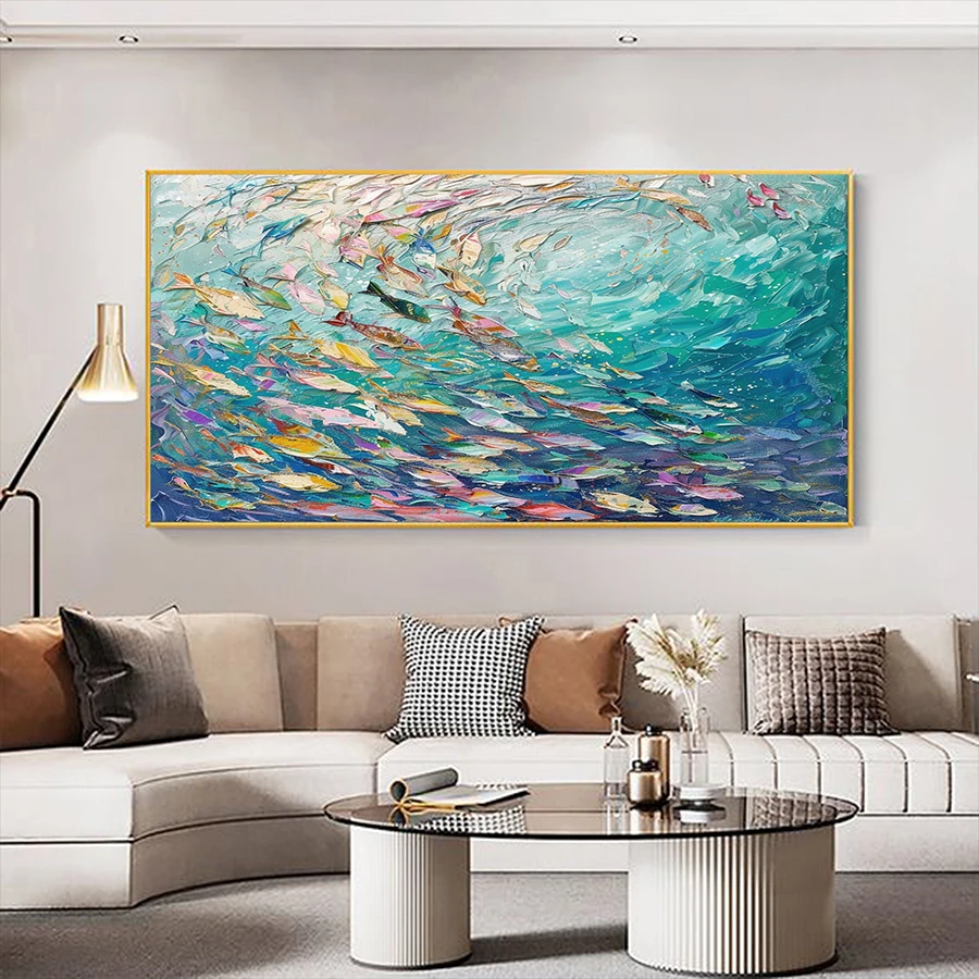 Abstract Fish School Oil Painting on Canvas,Wall Arts Textured Fish Posters,Blue Sea Landscape Print,Living Room Decor,No Frame