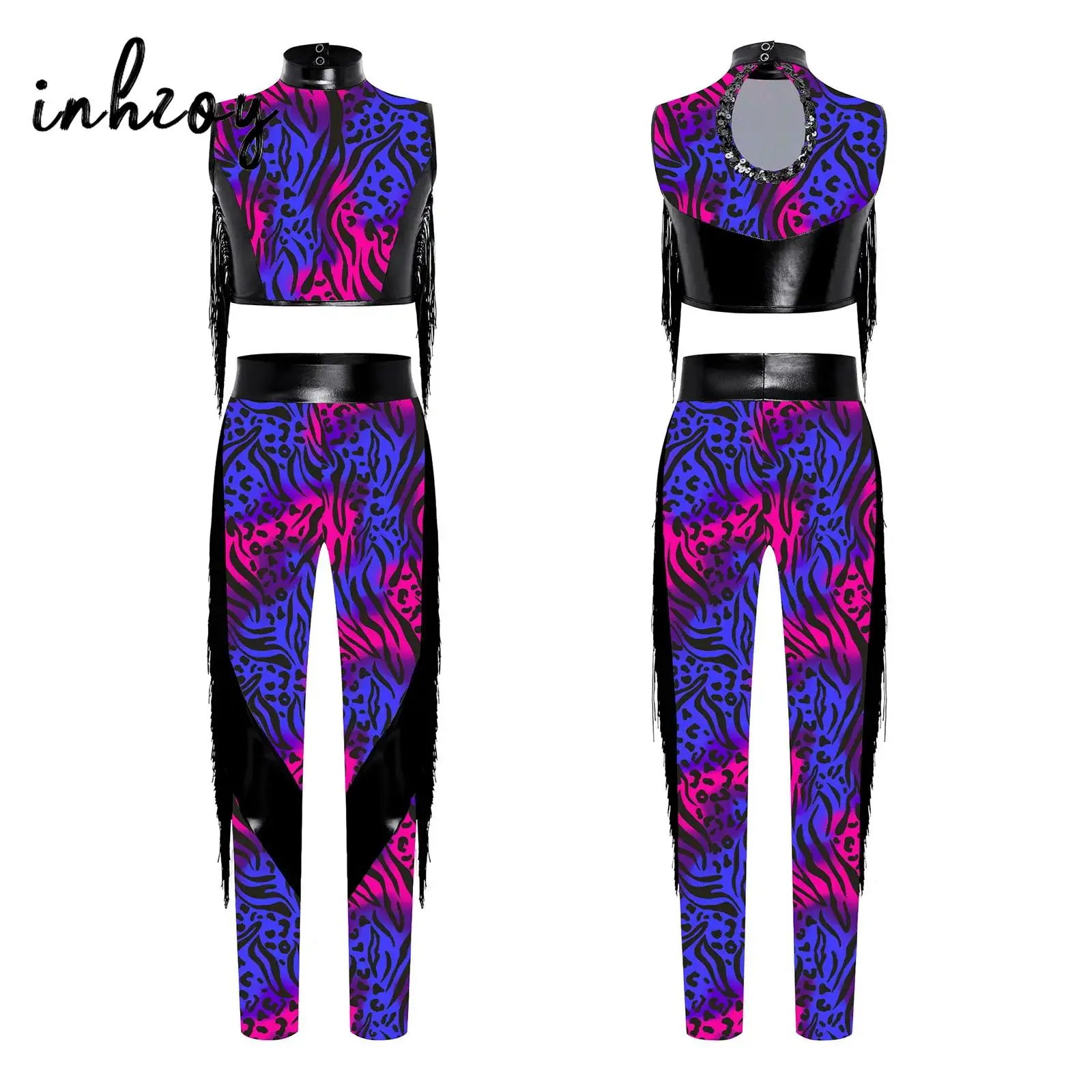 Kids Girls Ballet Sets Sports Outfits Jazz Dance Performance Costume Zebra-Stripe Metallic Keyhole Back Crop Top with Leggings