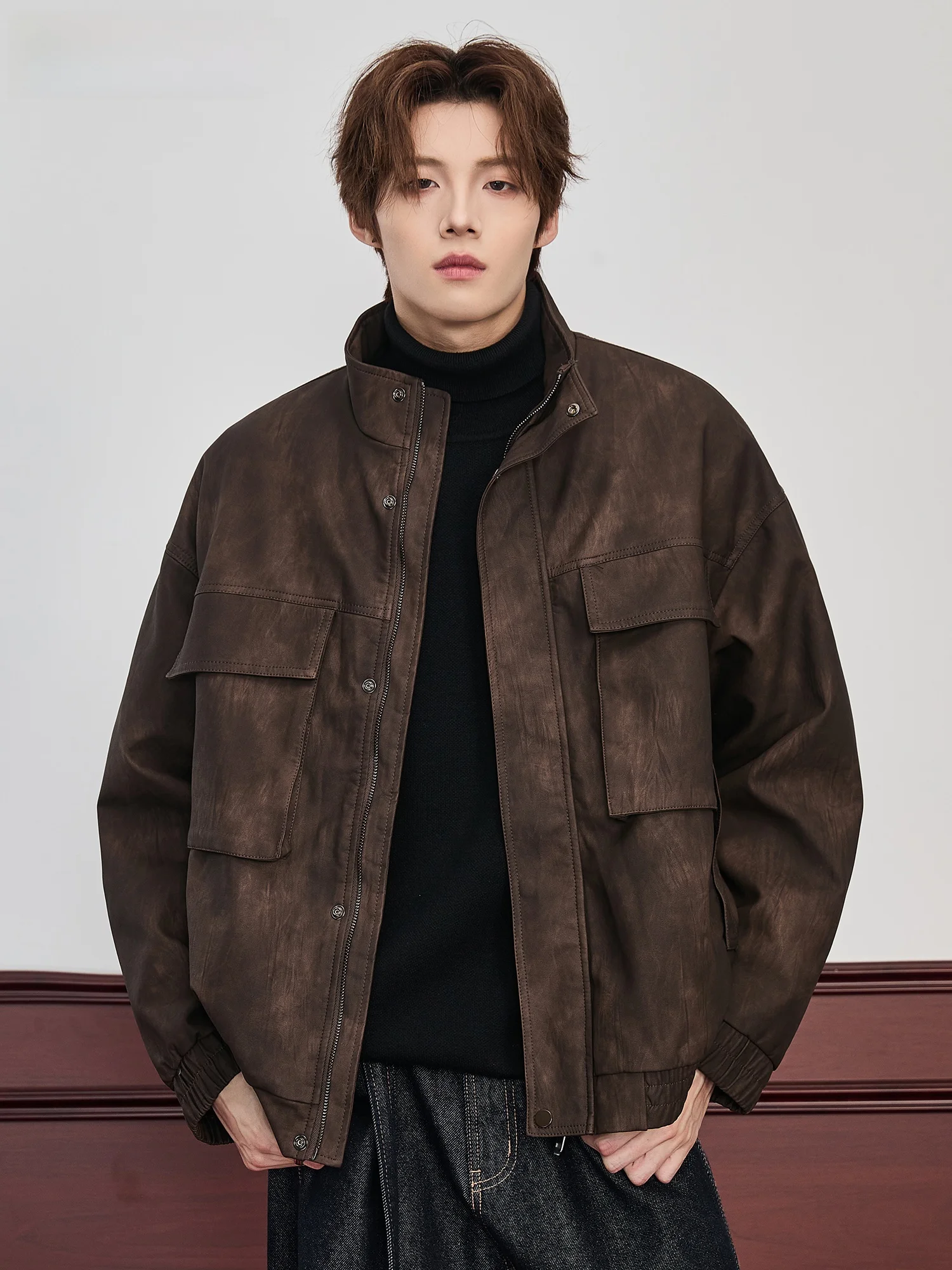 

GURBAKS Men's Leather Jaet Autumn Winter New Sle Retro Matte Stand Collar Motorcycle Coat with Big kets Casual Loose Fit