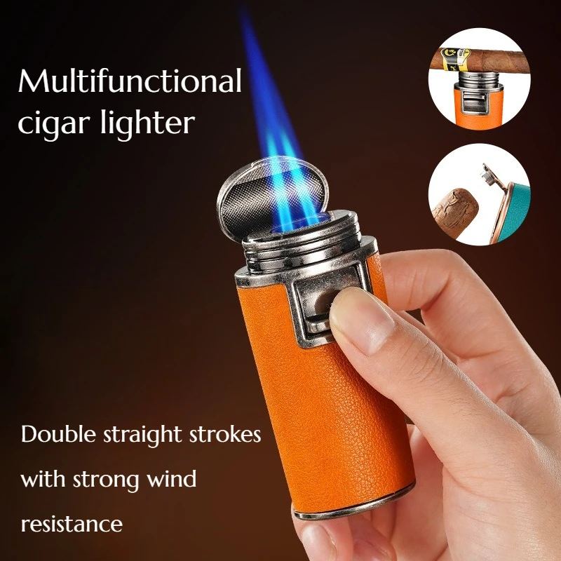 

New Leather-textured Metal Straight-acting Lighter with Creative Design Men Blue Flame Anti-wind High-power Fire Starter Cigars