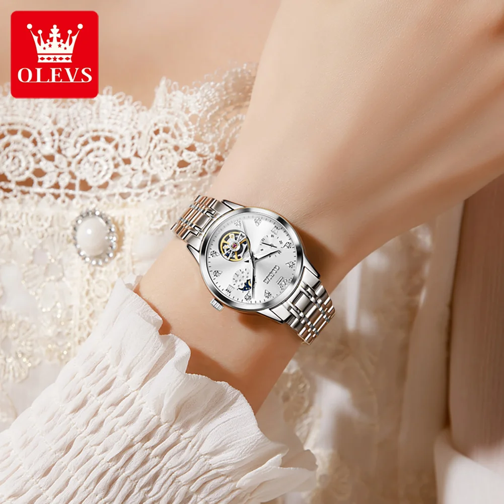 Olevs 6608 relógios femininos esqueleto volante relógio mecânico automático para mulher 24 horas fase da lua cronógrafo senhoras relógios