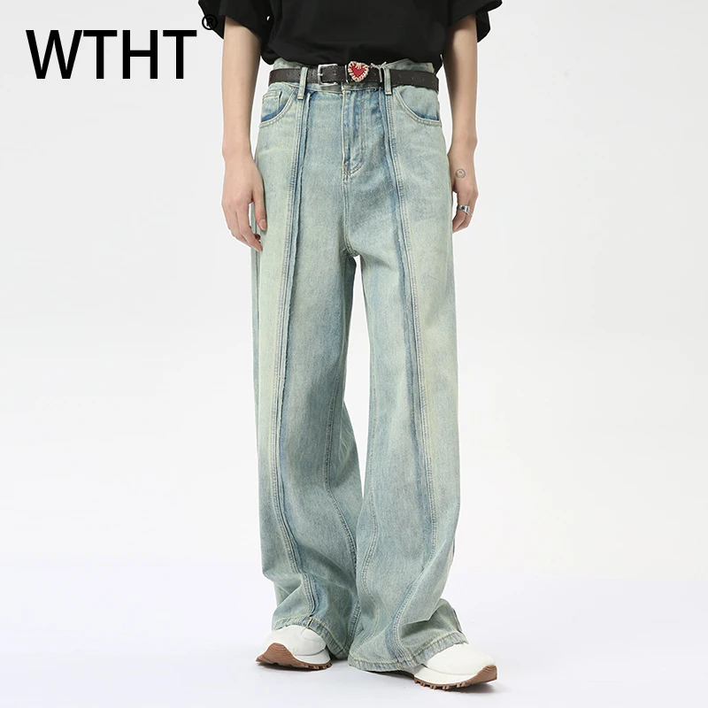 

WTHT Fashion Summer Men's Gradient Patchwork Wash Design Denim Pants Vintage High-waisted Straight Wide Leg Jeans Male 2A0095