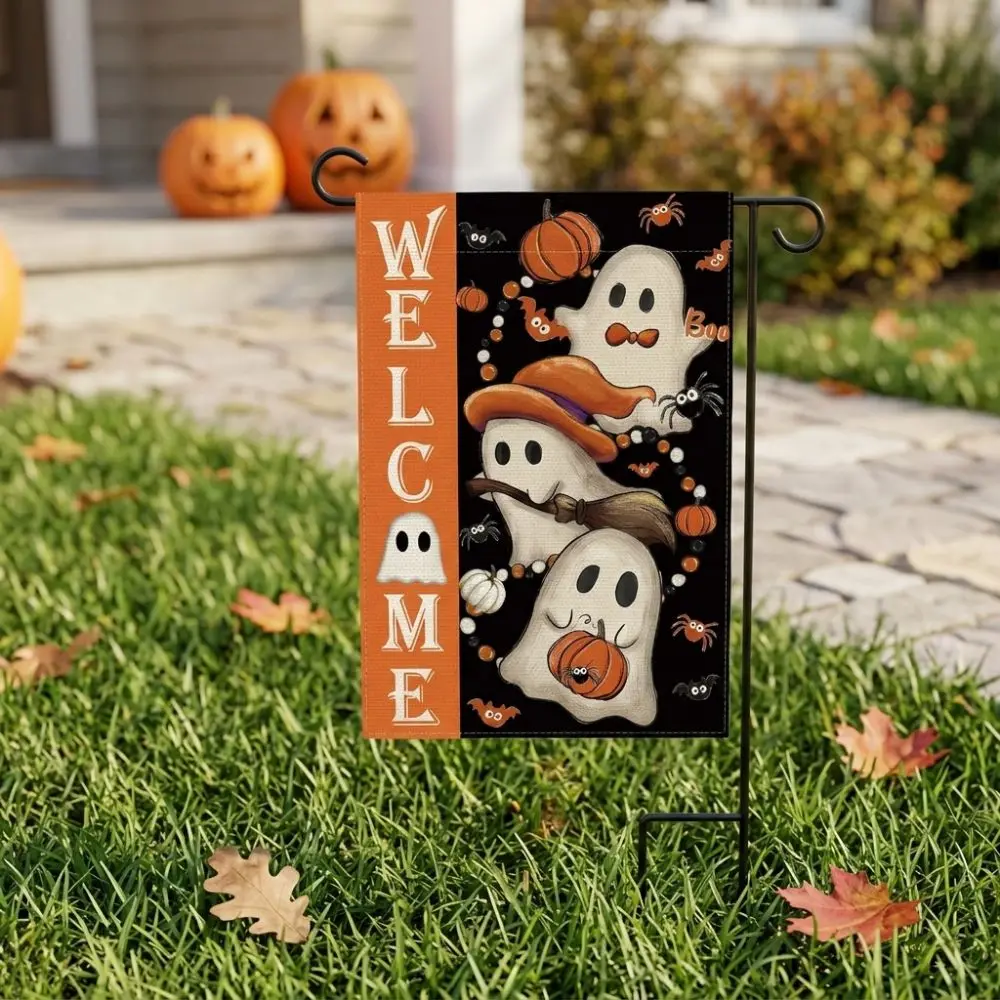 2D Flat Print Halloween Garden Flag Spooky Haunted House Witch Ghost Yard Flag Single Sided Polyester Holiday Garden Flag