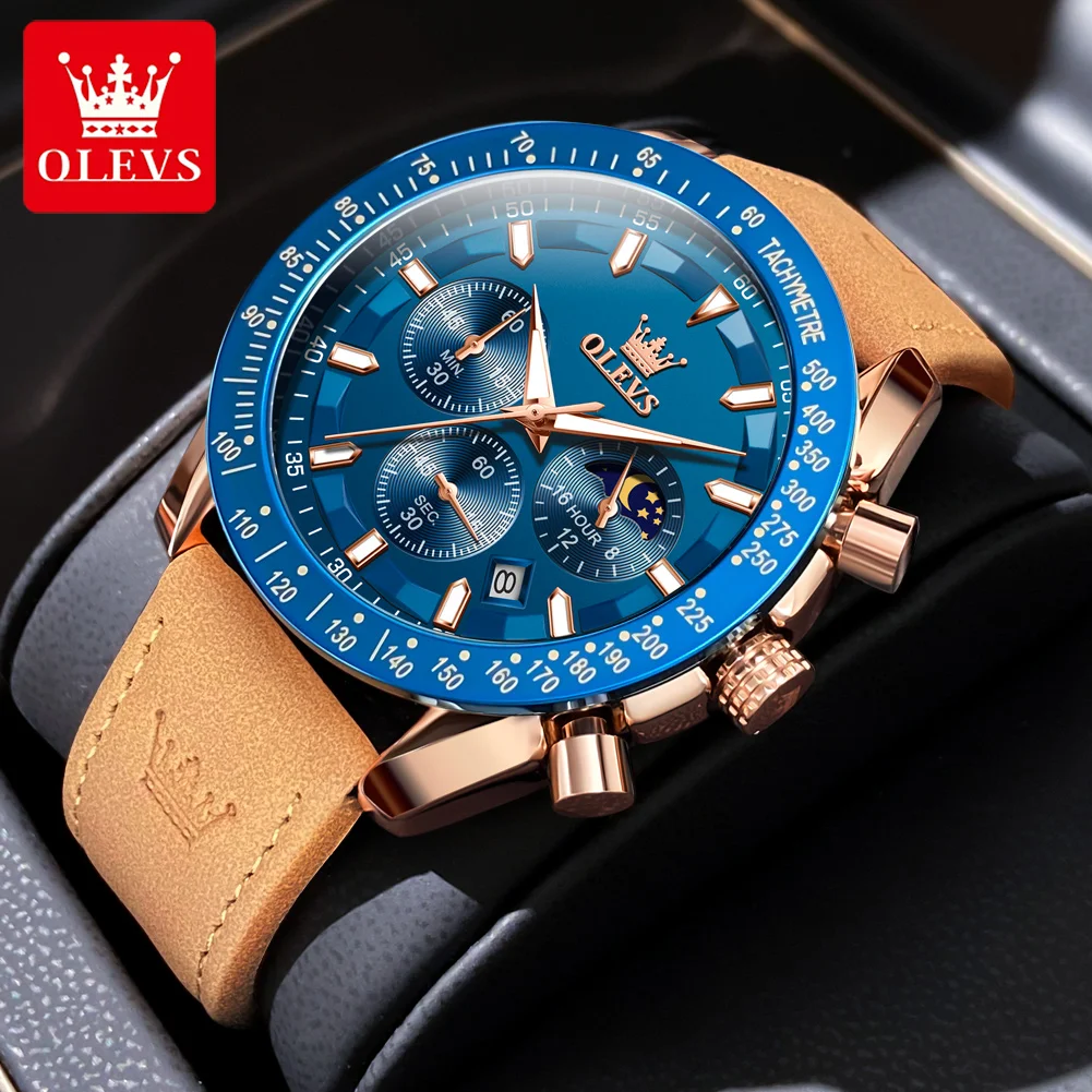 

OLEVS Sports Chronograph Quartz Watch for Men Leather Waterproof Luminous Date Moon Phase Mens Watches Top Brand Luxury Clock