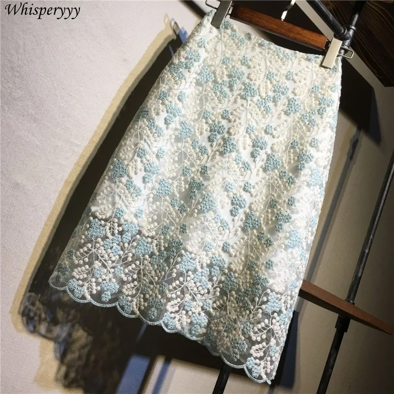

Mesh Lace Skirt Women Korean Style Hip Skirt High Waist Female Summer Fairy Skirt Gentle Fashion Embroidery Zipper Faldas Largas
