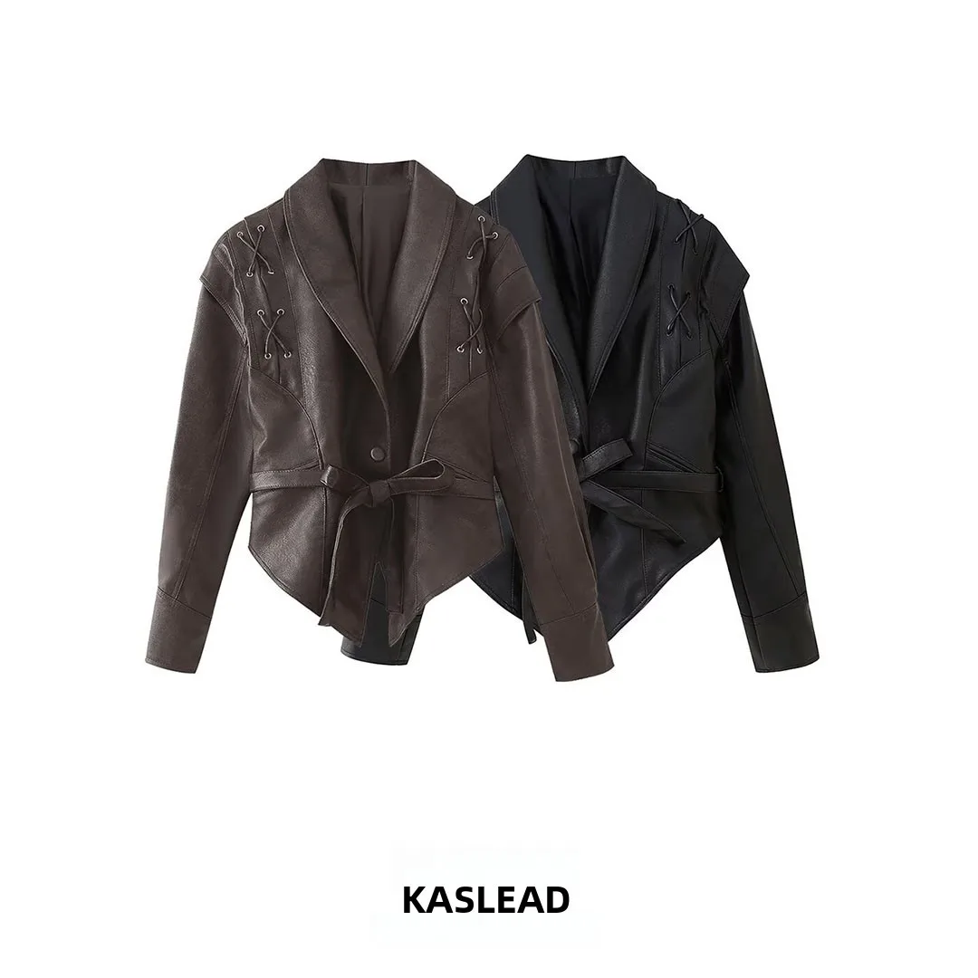 KASLEAD New Women's Fashion Retro Leather Jacket Coat Versatile High-End Feel Short Sleeve Long Sleeve Polyester Fiber