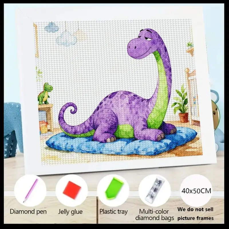 

1PC Kids & Adults 5D DIY Diamond Painting Kit, Cute Cartoon Purple Dinosaur Lounging on Blue Pillow Full Drill Round Crystal Gem