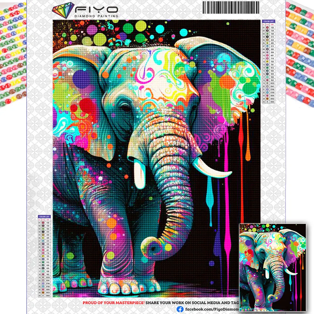 FIYO DIY Full Diamond Painting Colourful Elephant 5D Embroidery Diamond Mosaic Animal Handicraft Home Decoration Art