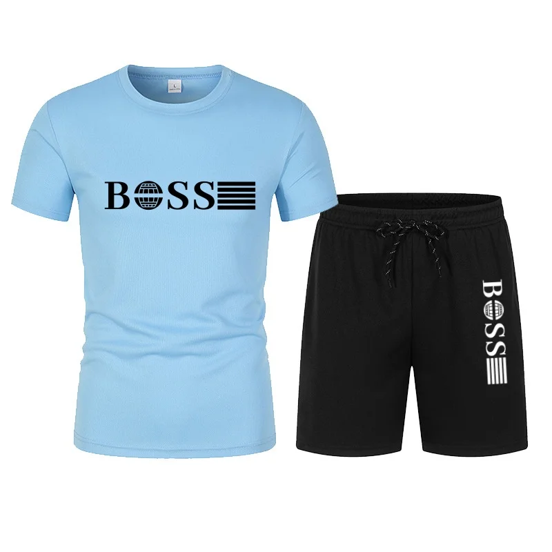 Summer hot selling men's sports suit fashionable printed casual T-shirt+shorts two-piece running set breathable quick drying view 3