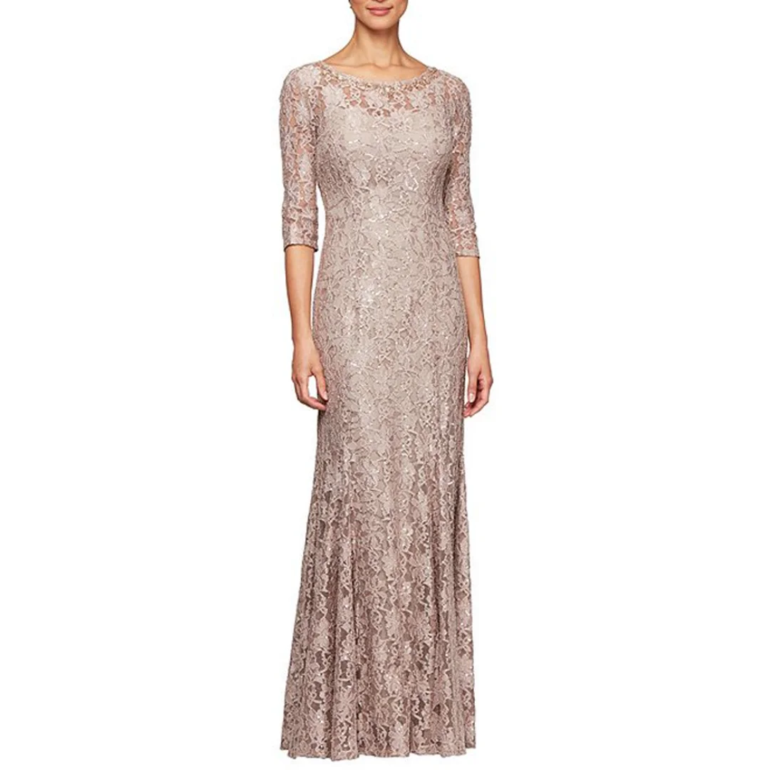 Customized Taupe Full-Length Lace Dress with Sheer Three-Quarter Sleeves for Mother of the Bride Weddings Elegant Evening Galas