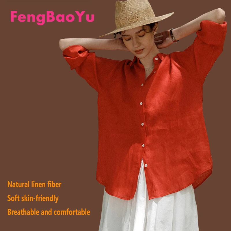 

100% Linen Women's Long-sleeved Shirt Red Natural Linen Loose Plus-size Casual Top for Outdoor Play Comfortable Cool Wrest Sweat