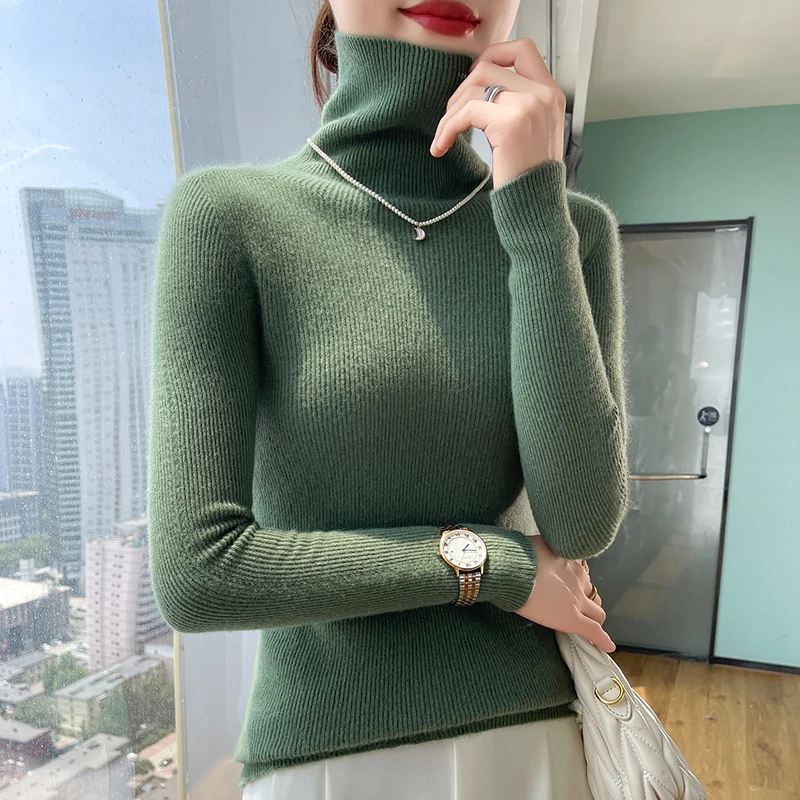 Sleeves hollowed out 100% Merino wool fall/winter cashmere sweater women's pile neck pullover warm bottom knit shirt top