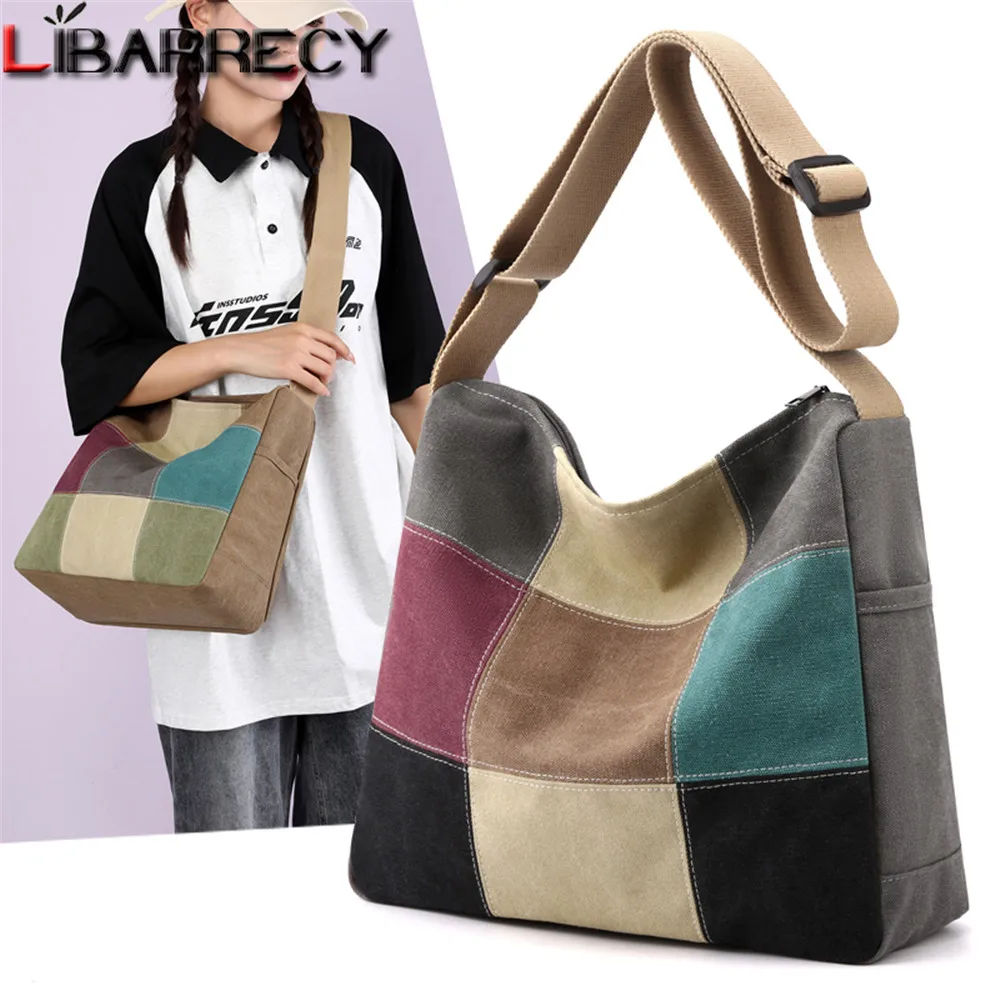 

2023 Ladies Fashion Handbag Patchwork Rainbow Shoulder Crossbody Bags Ladies Canvas Messenger Bag Large Capacity Travel Work Bag