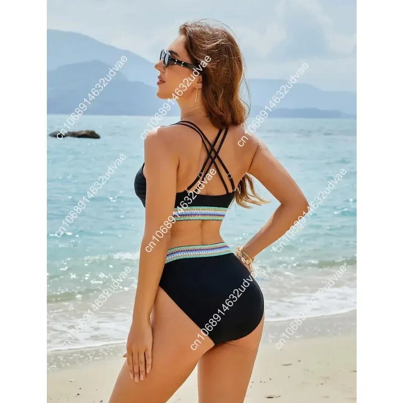 Blooming Jelly Womens High Waisted Bikini Sets Color Block Two Piece Swimsuit V Neck Crisscross Back Bathing Suit view 3