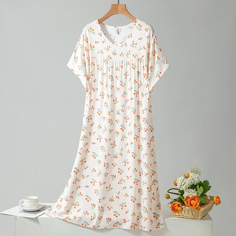 CuteSummerSleepDressForWomenNewLooseHomeWearFloralSleepwearforWomenNightgownCherryPrintedLoungewearSleepshirts-AliExpress200574005