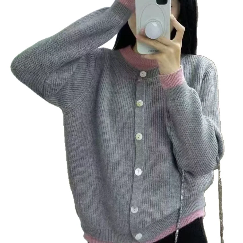 Fake two pure cashmere sweater cardigan dark grey high-grade wool knit coat topKnitted cardigan jacket women's new lazy style sw