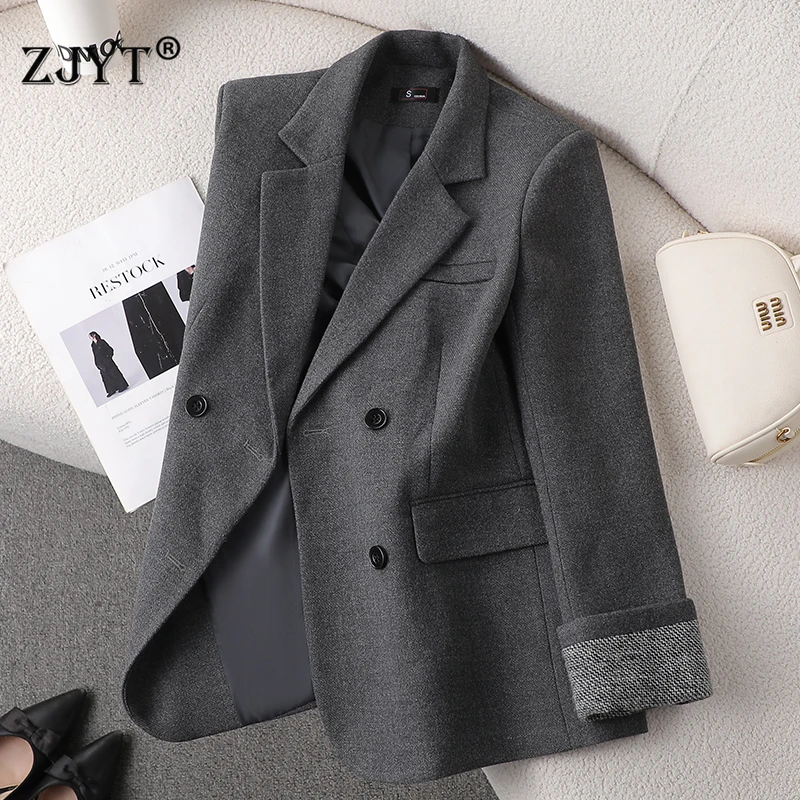 

ZJYT Autumn Winter New Woolen Jackets Coats Women 2025 Fashion Turn Down Collar Vintage Loose Casual Blazers Plus Size Outerwear