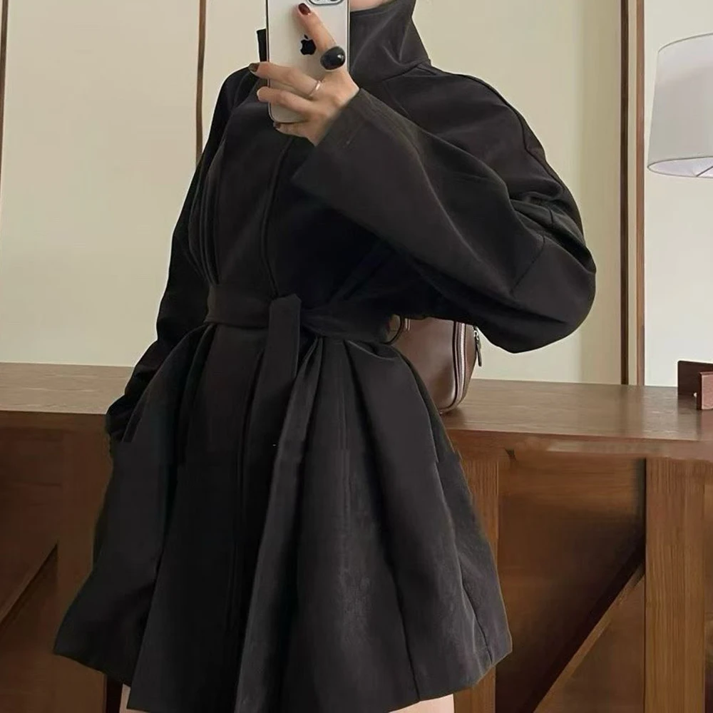 투트윈스타일 솔리드 스플라이스드 밴디지 시크 재킷 여성 터틀넥 긴팔 루즈핏 여성 재킷 가을 패션