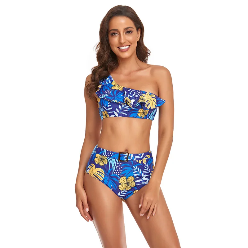 

Sexy One Shoulder Bikini Swimwear Women High Waist Swimsuit Women Ruffled Hem Bathing Suits Solid Printed Brazilian Bikinis Set