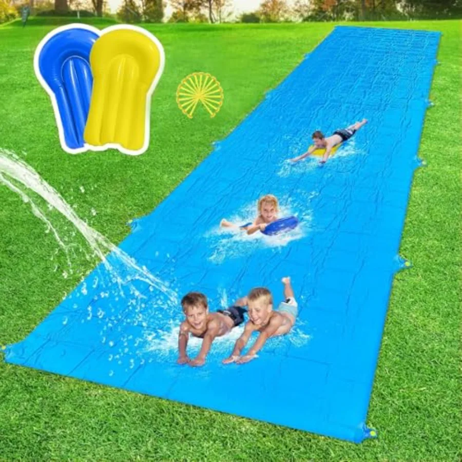 

50FT Giant Slip Water Slide for Backyard Heavy Duty Water Slide in Blue with 18 Stakes and 2 Inflatable Bodyboards for Summer O