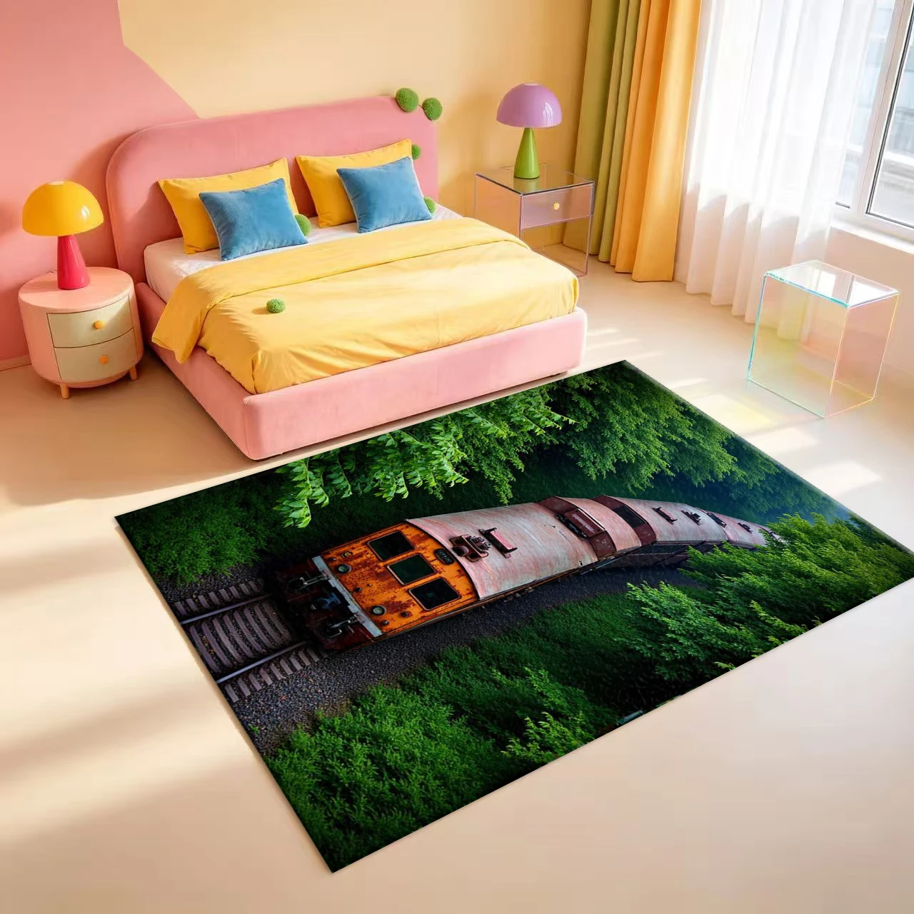 Vintage Train In Dense Forest Print Carpet Flooring Creative Nature Scenery Area Rug Home Decor Floor Decoration For Study Room