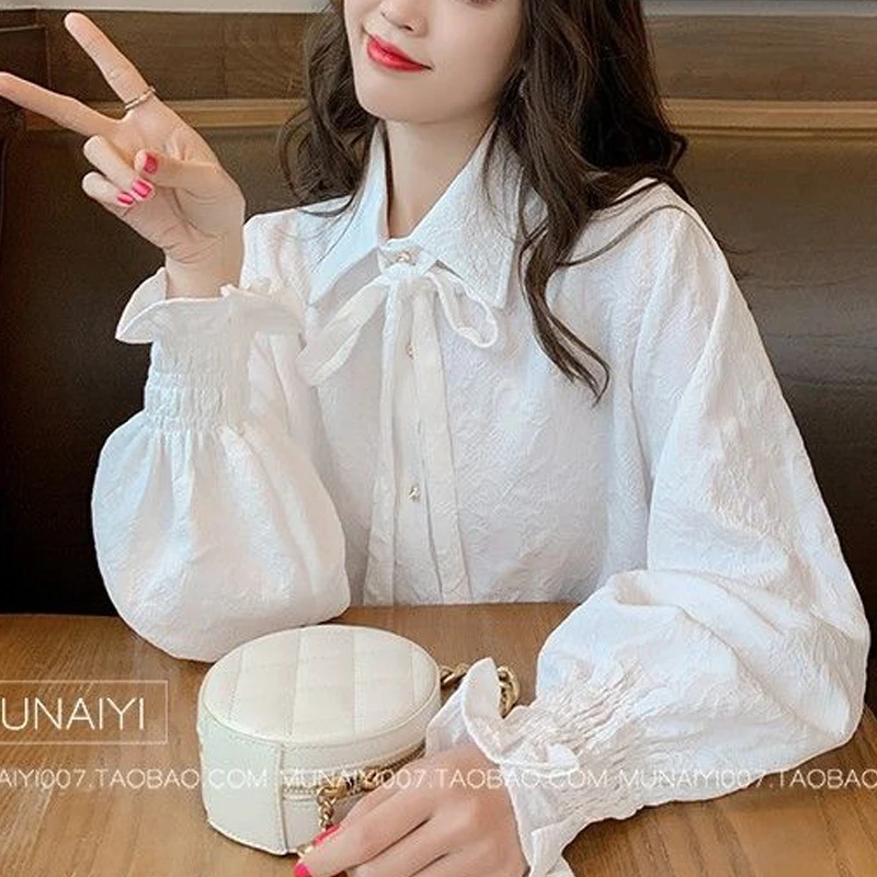 Women\'s Vintage Lace Up Bow Sweet Chic Texture White Casual Street Oversized Blouse Shirt Korean Fashion Flare Sleeve Top Female