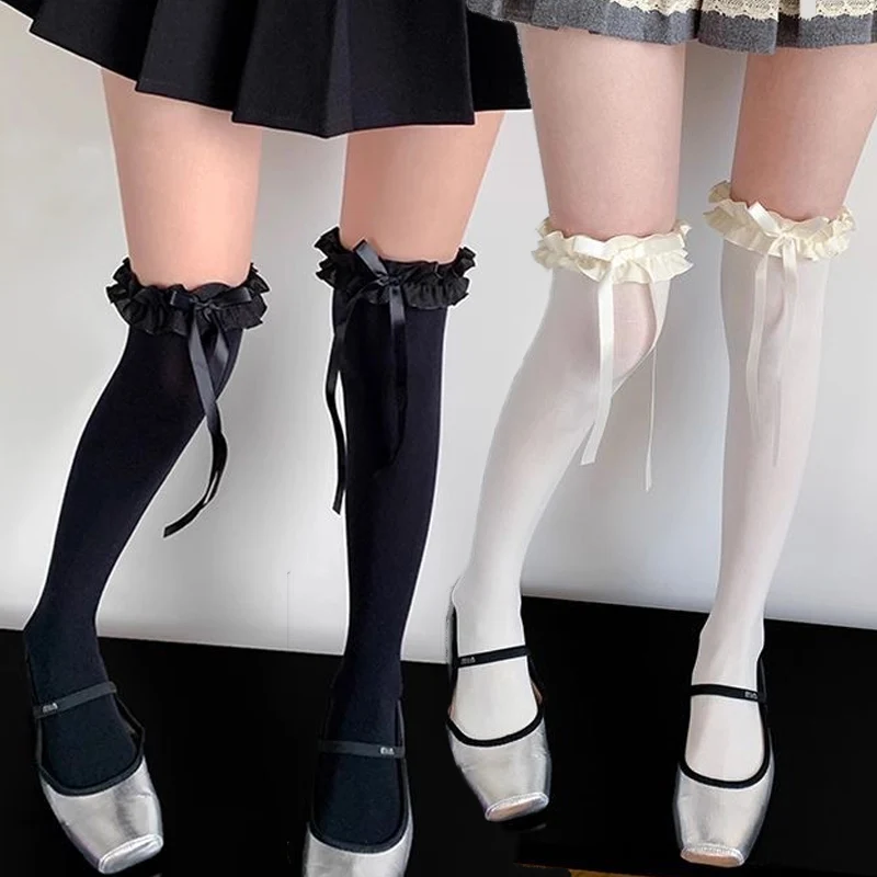 

Чулки выше колена с рюшами, японские чулочно-носочные изделия с кружевной отделкой для женщин и девочек, карнавальный костюм Лолиты, длинные носки до бедра с бантом
