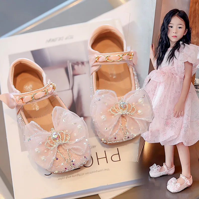 Girls' Glass Shoes 2024 Spring and Autumn New All-matching Diamond Bow Princess Korean Version of Small Shoes for Children