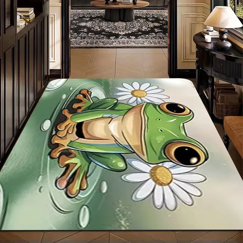 Cute Frog & Daisy Mat – Cartoon Green Frog with White Flowers, Fresh Nature-Themed Door Rug for Home