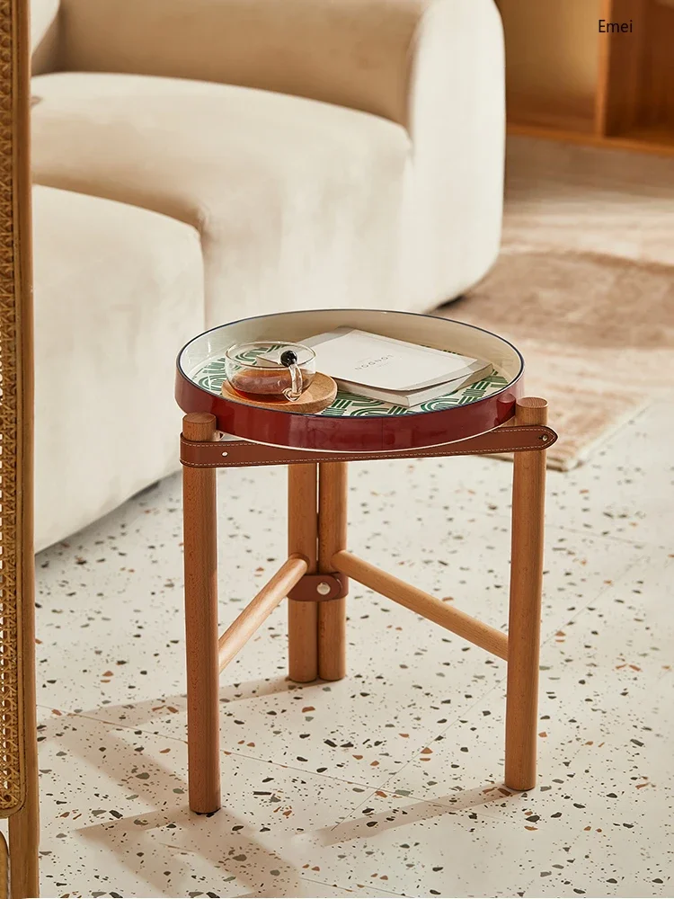 Retro Simple Painted Side Table Small Apartment Coffee Table Bedside Supporter round Tray Solid Wood Table