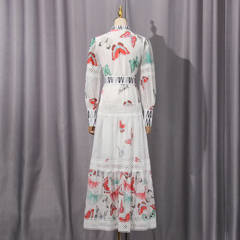 Kbq hit cor impressão emagrecimento maxi vestidos para mulheres gola lanterna manga cintura alta emendado faixas sheer vestido feminino novo